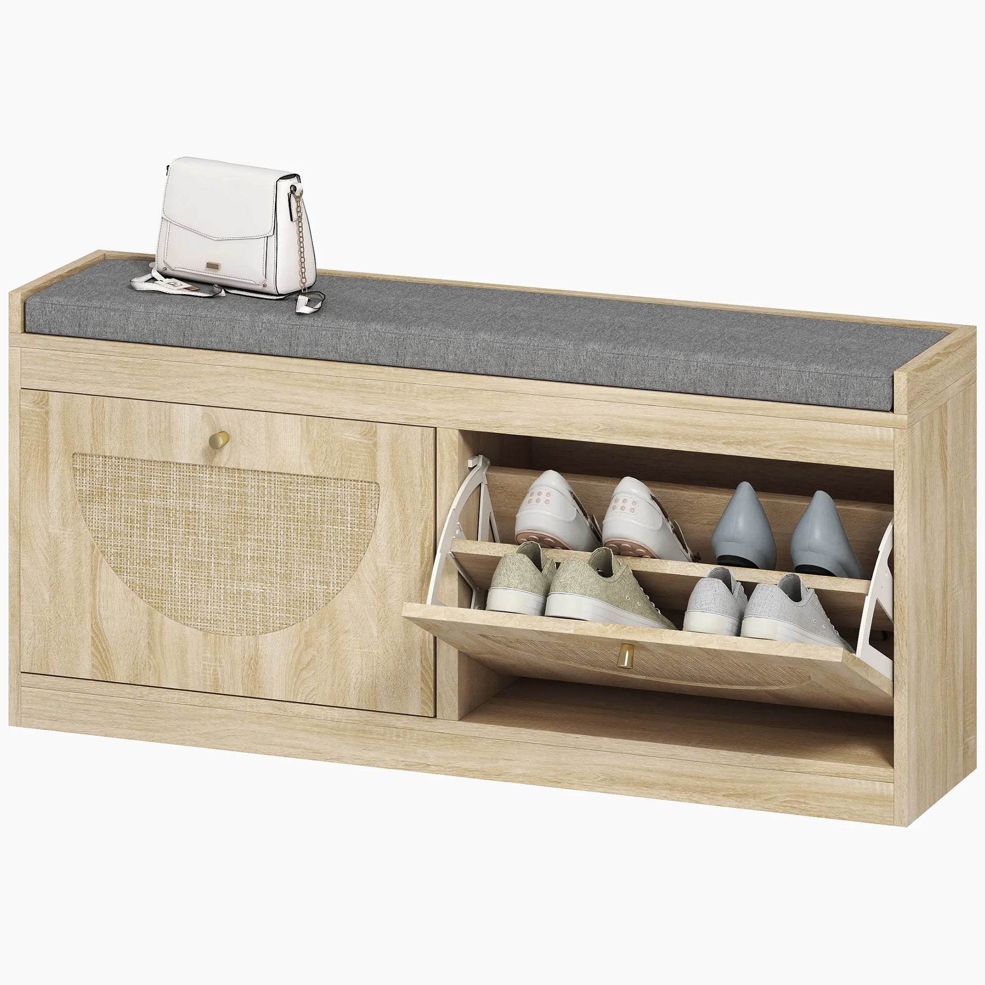 Shoe Bench with Flip Doors, Seat Cushion, Adjustable Shelves, Natural Wood Shoe Storage Cabinets & Racks Dark Grey, Gold, Natural Wood at Gallery Canada