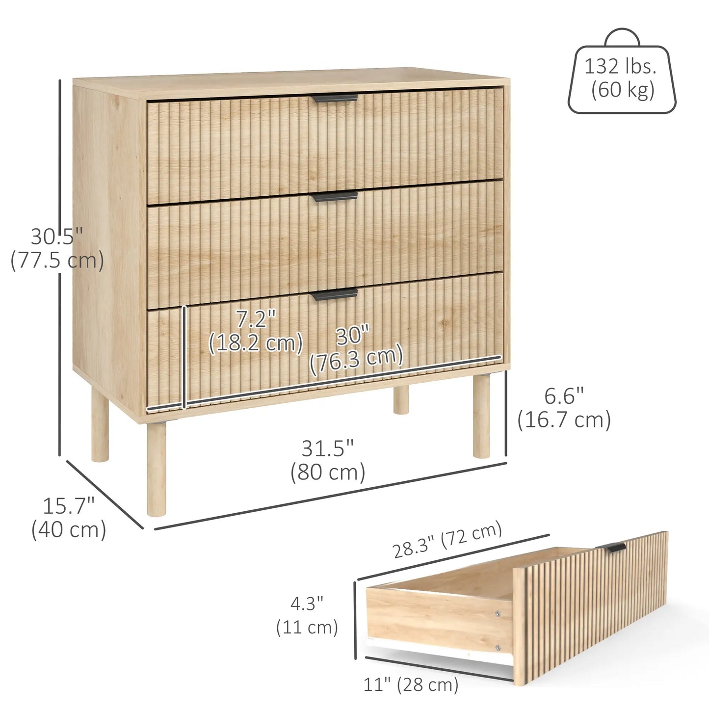 3 Drawer Dresser, Fluted Panels, Solid Wood Legs, Oak Storage Cabinets at Gallery Canada