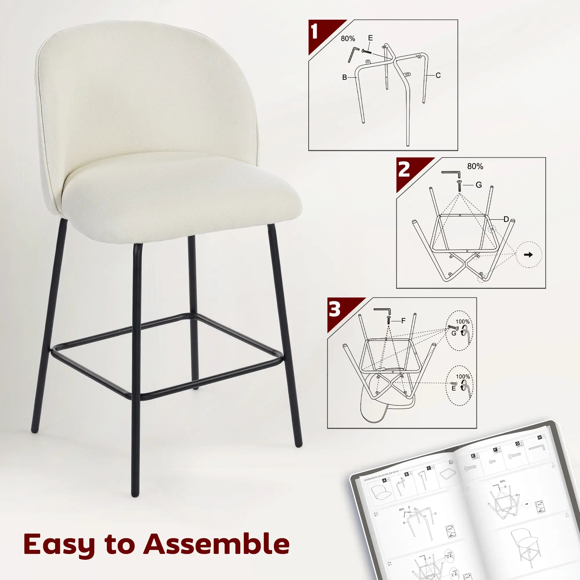 Set of 2 Counter Height Barstools, Upholstered Linen, Cream White Bar Stools at Gallery Canada