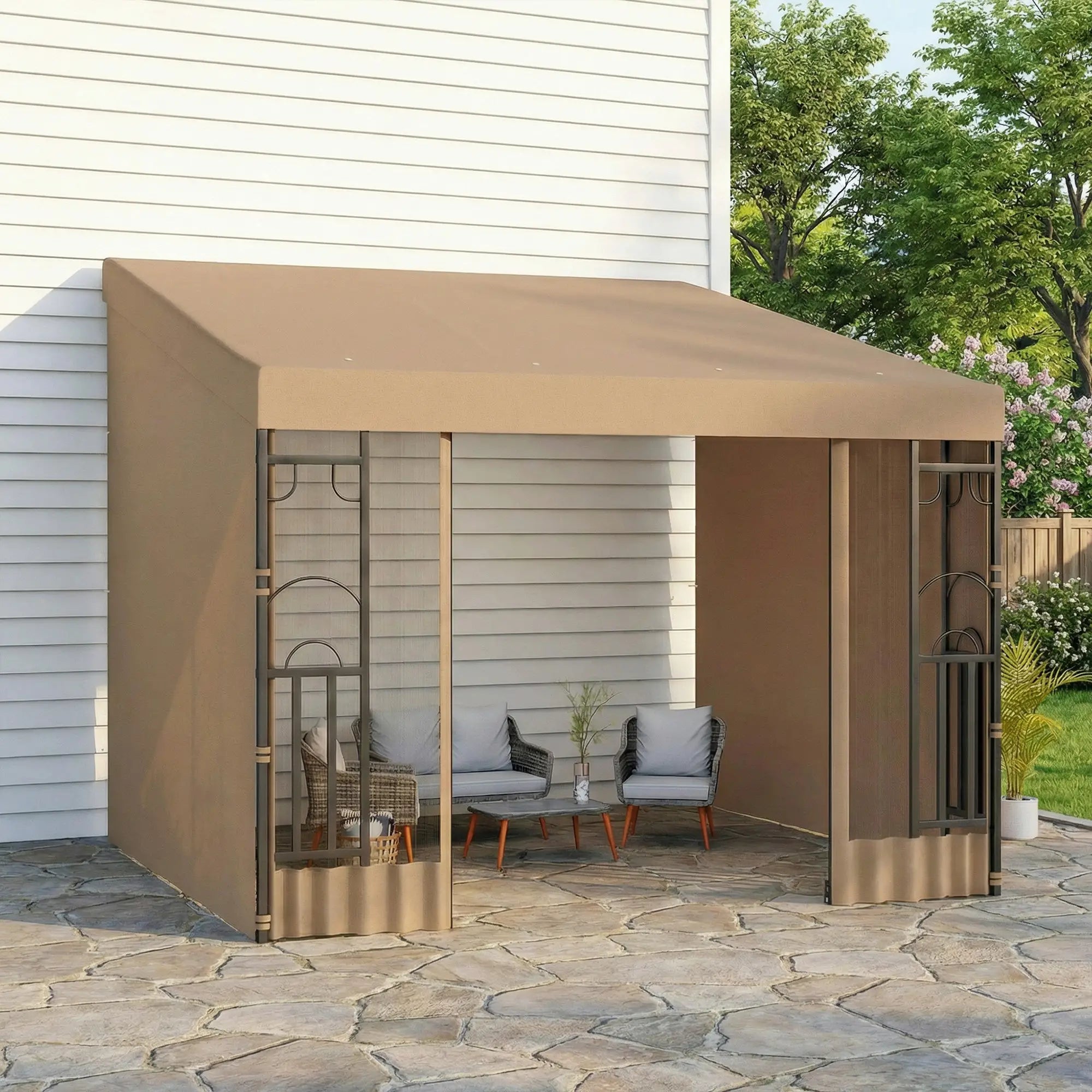 10' x 10' Wall Pergola, With Curtains and Nettings, Khaki Pergolas at Gallery Canada