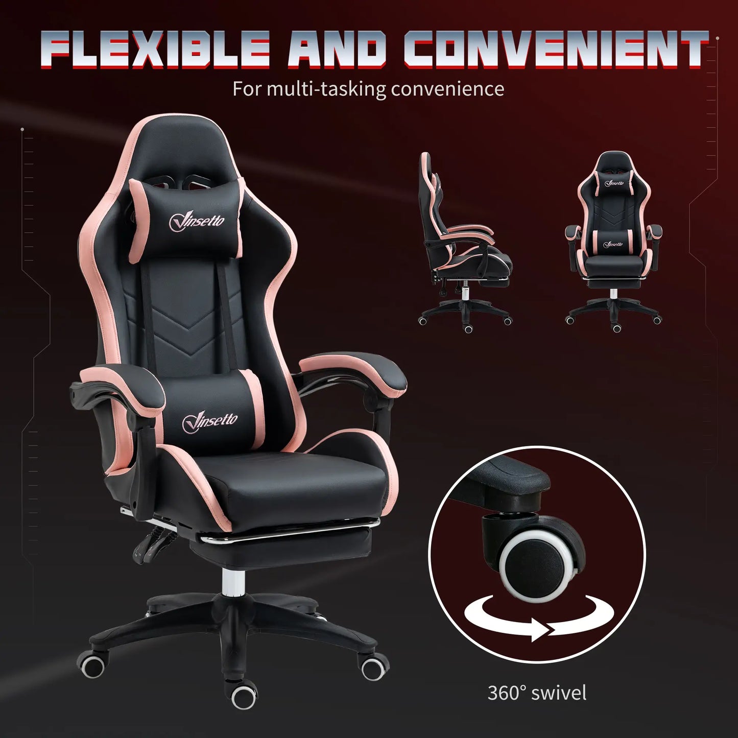 Gaming Chair, PU Leather Office Desk Chair with Footrest, Swivel Wheels, 135° Reclining Back, Black Video Game Chairs at Gallery Canada