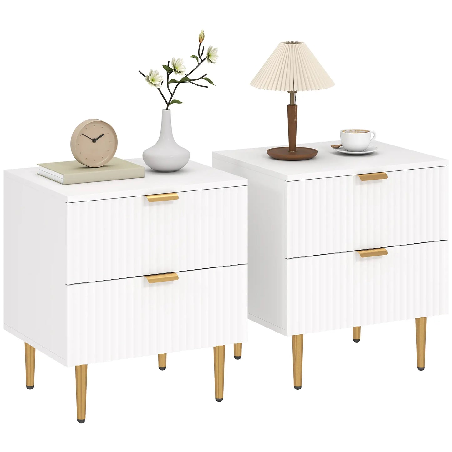 Bedside Table, Modern Nightstand with 2 Drawers, Side End Table with Metal Legs for Living Room, Bedroom, White