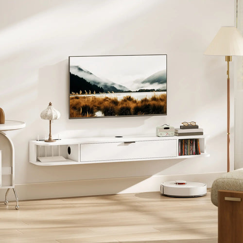55 Inch Floating TV Stand, Wall Mounted Media Console, Flip Drawer, 2 Shelves, White