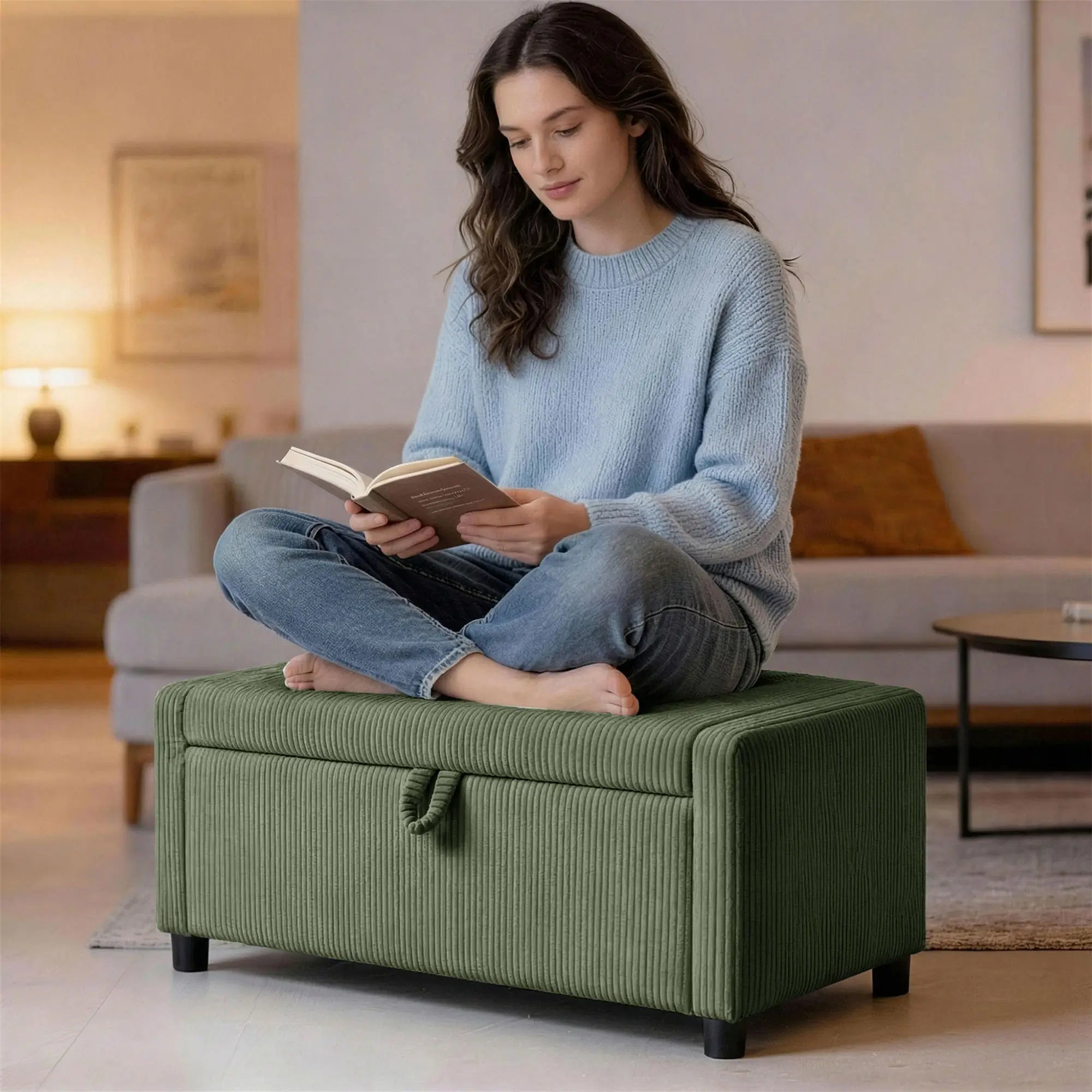 Storage Ottoman, Upholstered Corduroy Bench, Dark Green Storage Ottomans & Benches at Gallery Canada