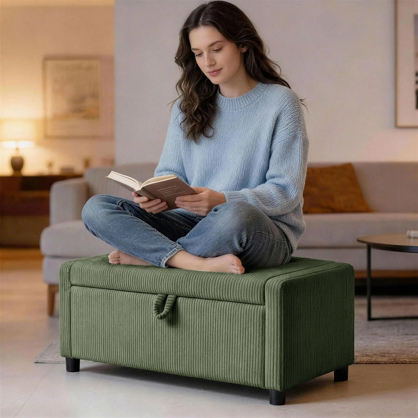 Storage Ottoman, Upholstered Corduroy Bench, Dark Green Storage Ottomans & Benches at Gallery Canada