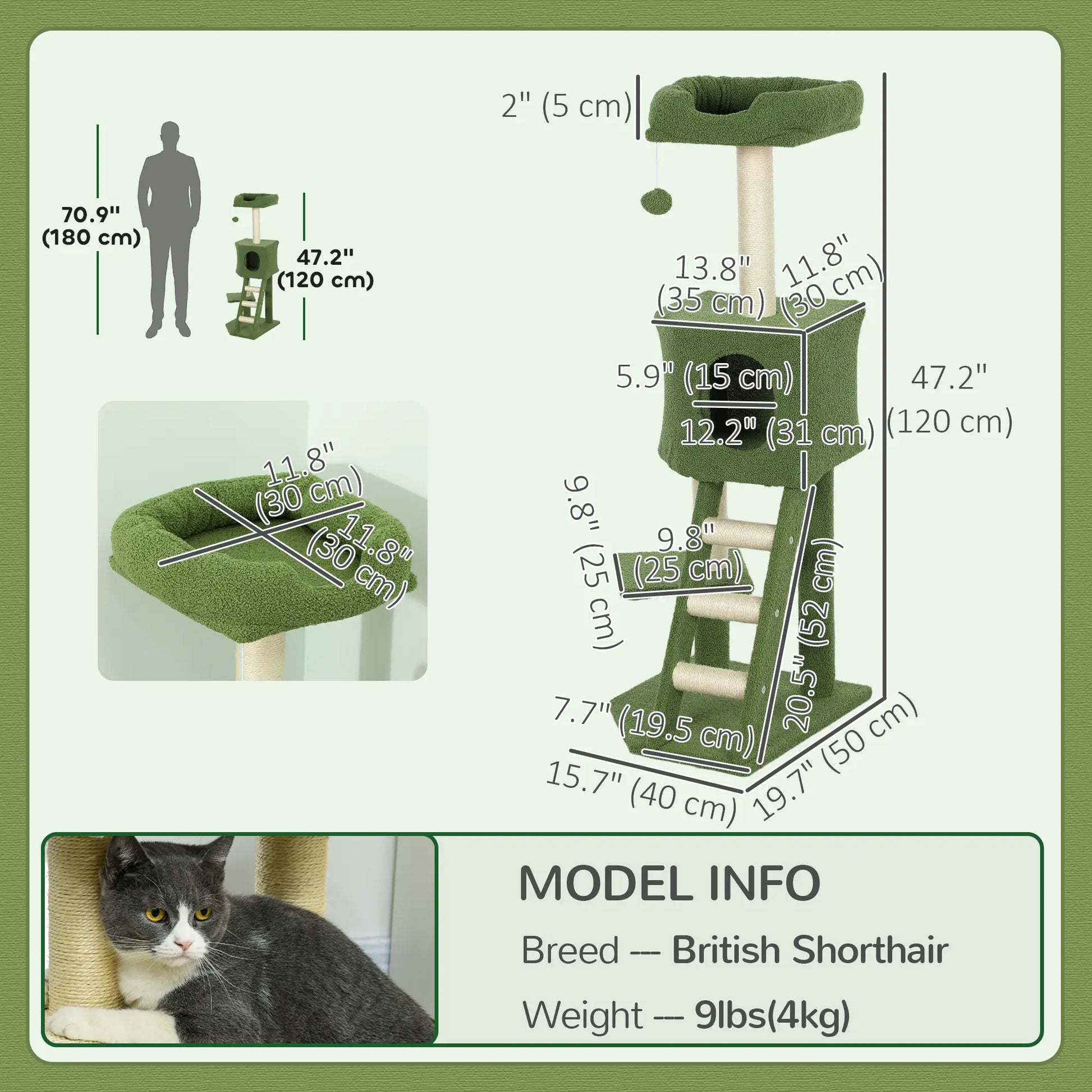 47" Tall Cat Tree Tower, Condo, Ladder, Scratching Posts, Green Cat Trees at Gallery Canada