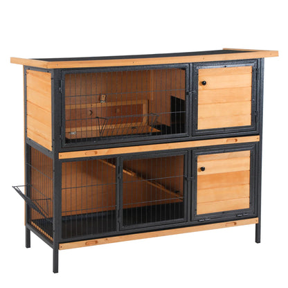 48" 2-Floor Rabbit Hutch, Wooden Pet House, Metal Frame Bunny Cage Rabbit Hutch Light Yellow, Black at Gallery Canada