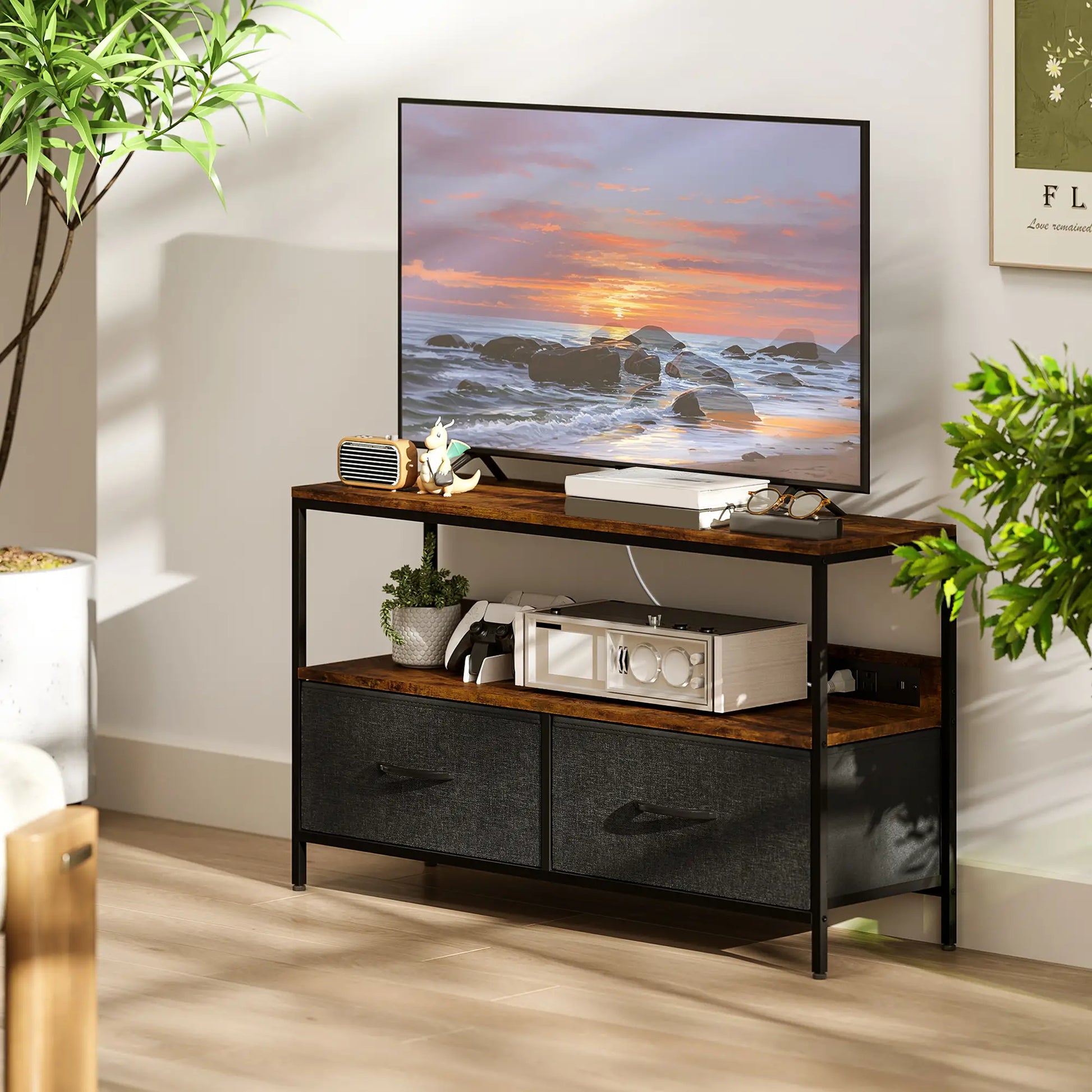 TV Stand With Charging Station, 2 Foldable Linen Drawers, Open Shelf, 47 Inch, Rustic Brown, Brown TV Stands at Gallery Canada