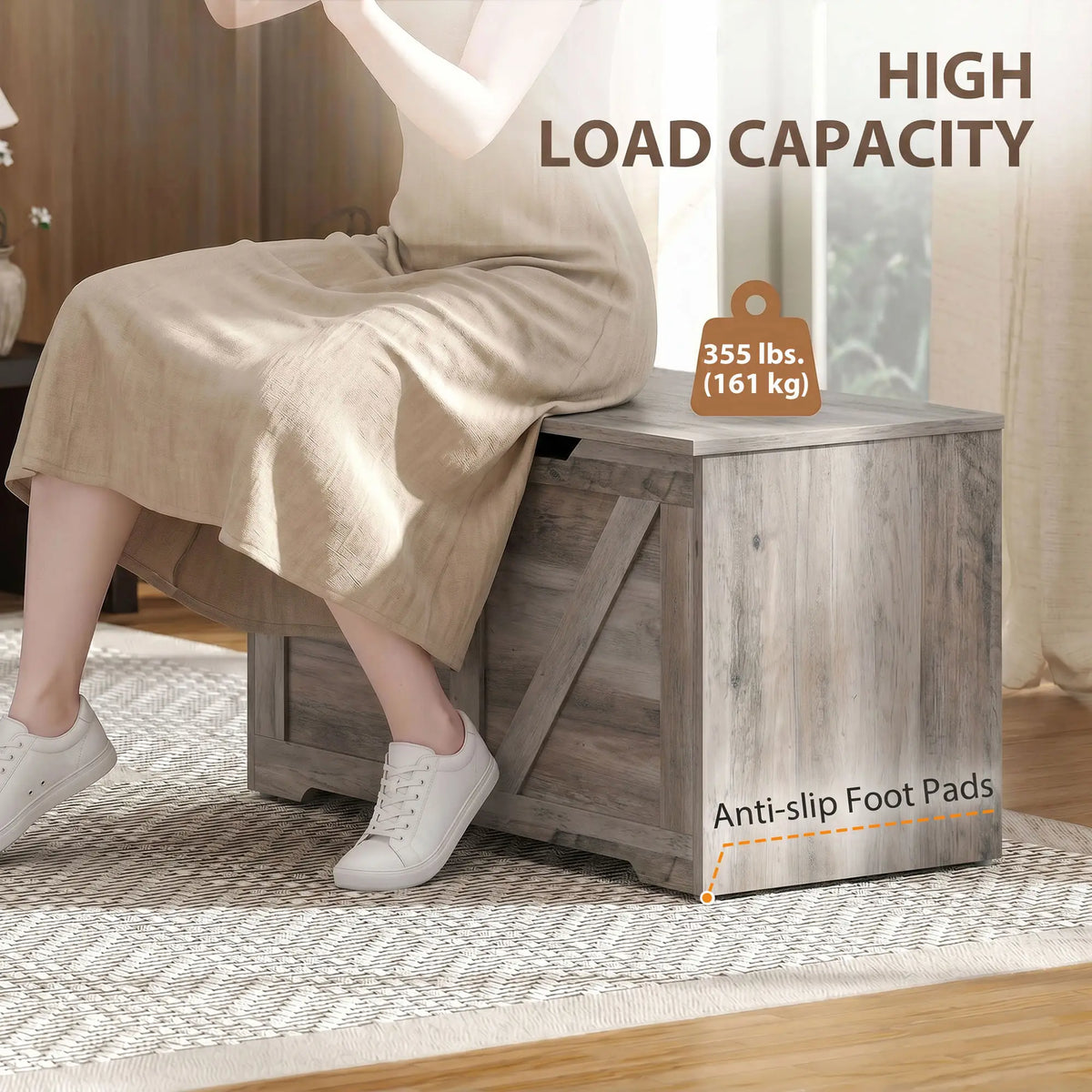 31.5" Storage Chest with Safety Hinge, Grey Wood Grain, Grey