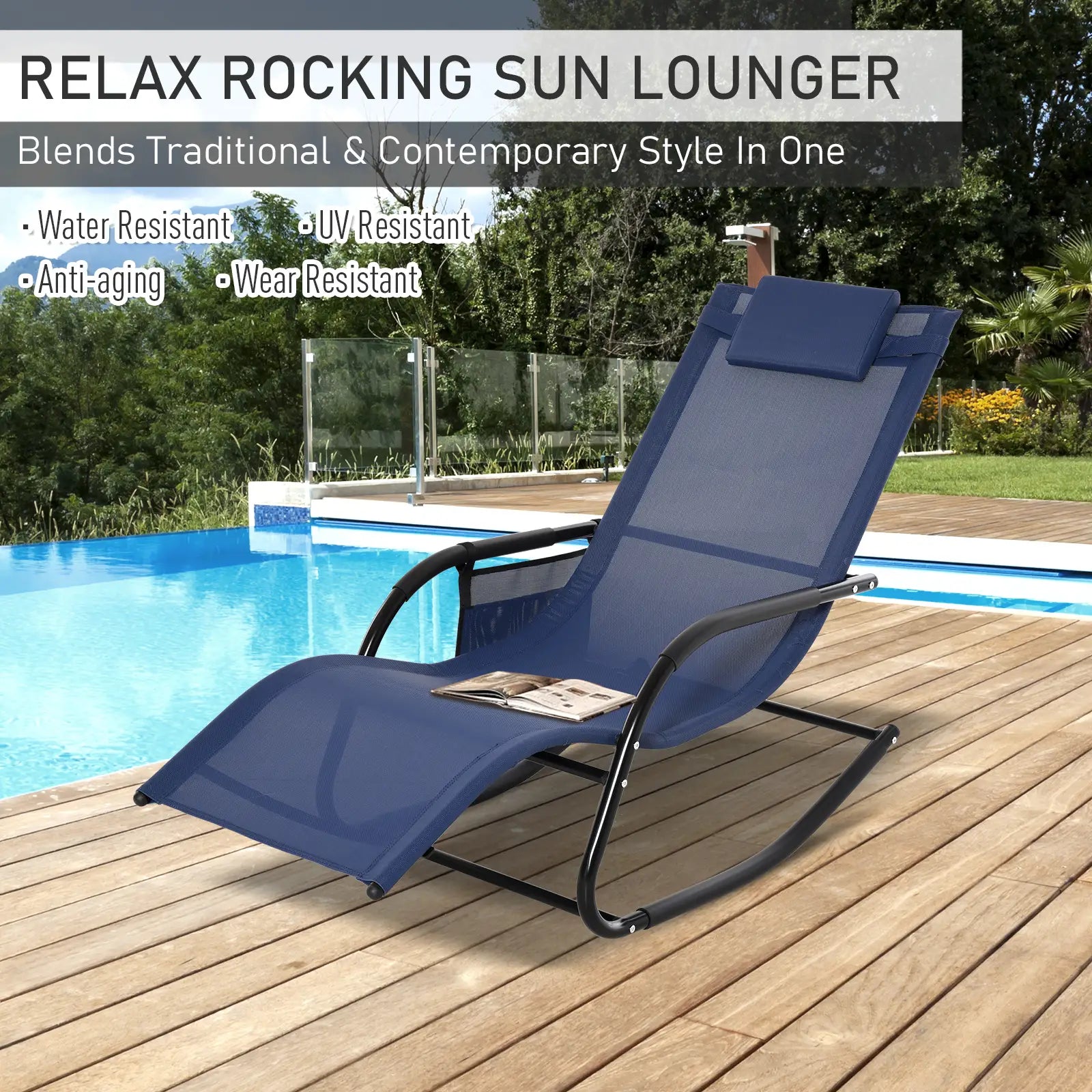 Outdoor Rocking Chair, Mesh Fabric, Removable Headrest, Side Pocket, Blue Outdoor Rocking Chairs at Gallery Canada