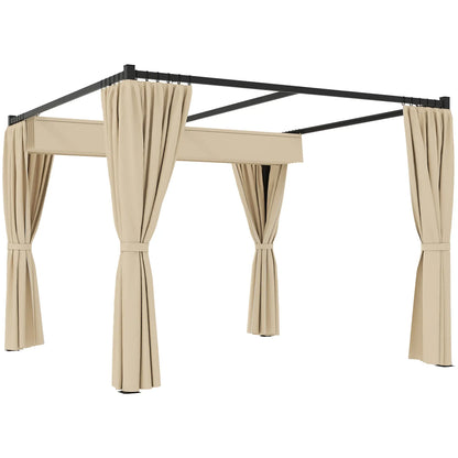 10' x 10' Retractable Pergola, Garden Gazebo with Curtains, Beige Pergolas at Gallery Canada