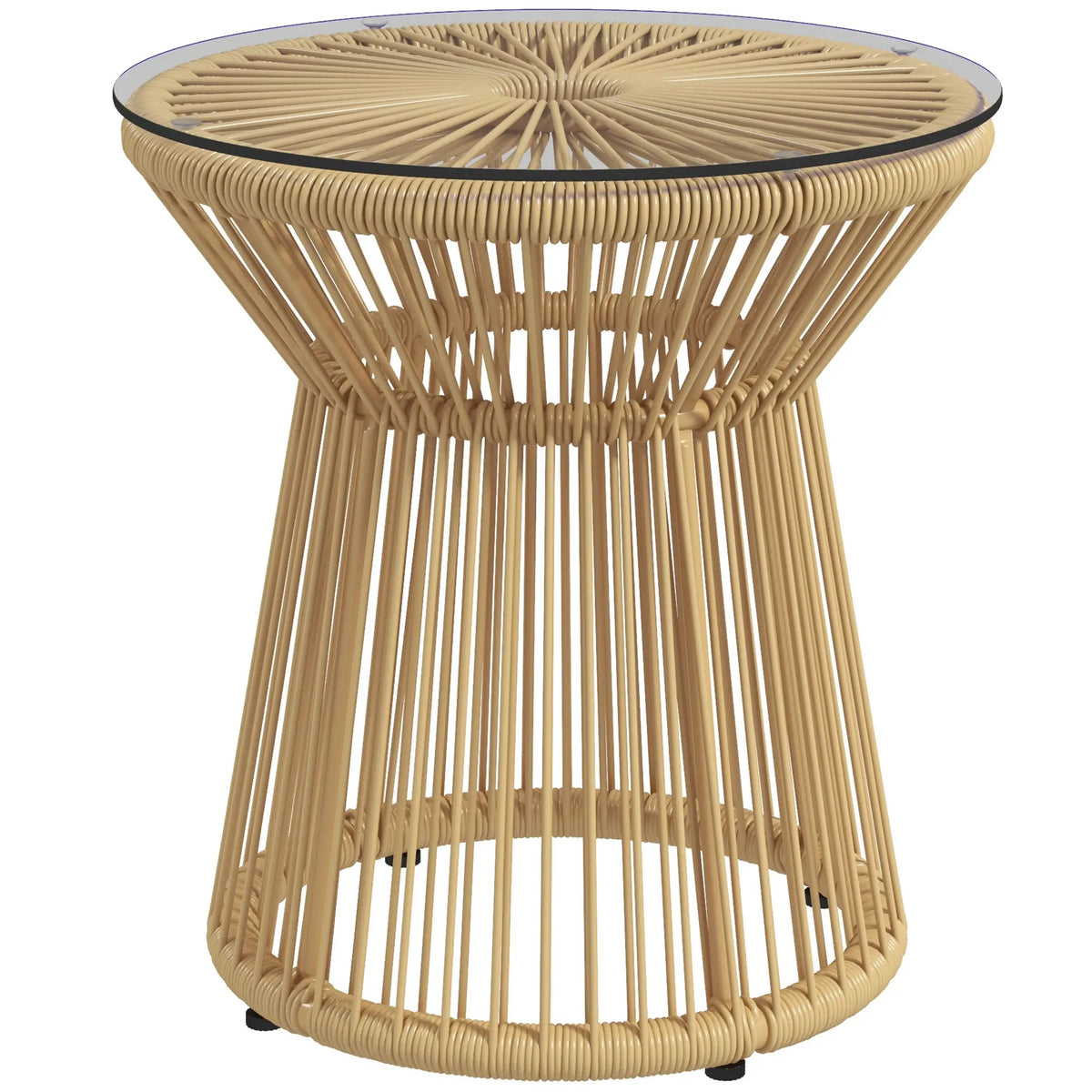 Table d'appoint en rotin rond, design de tambour creux, plateau en verre, beige