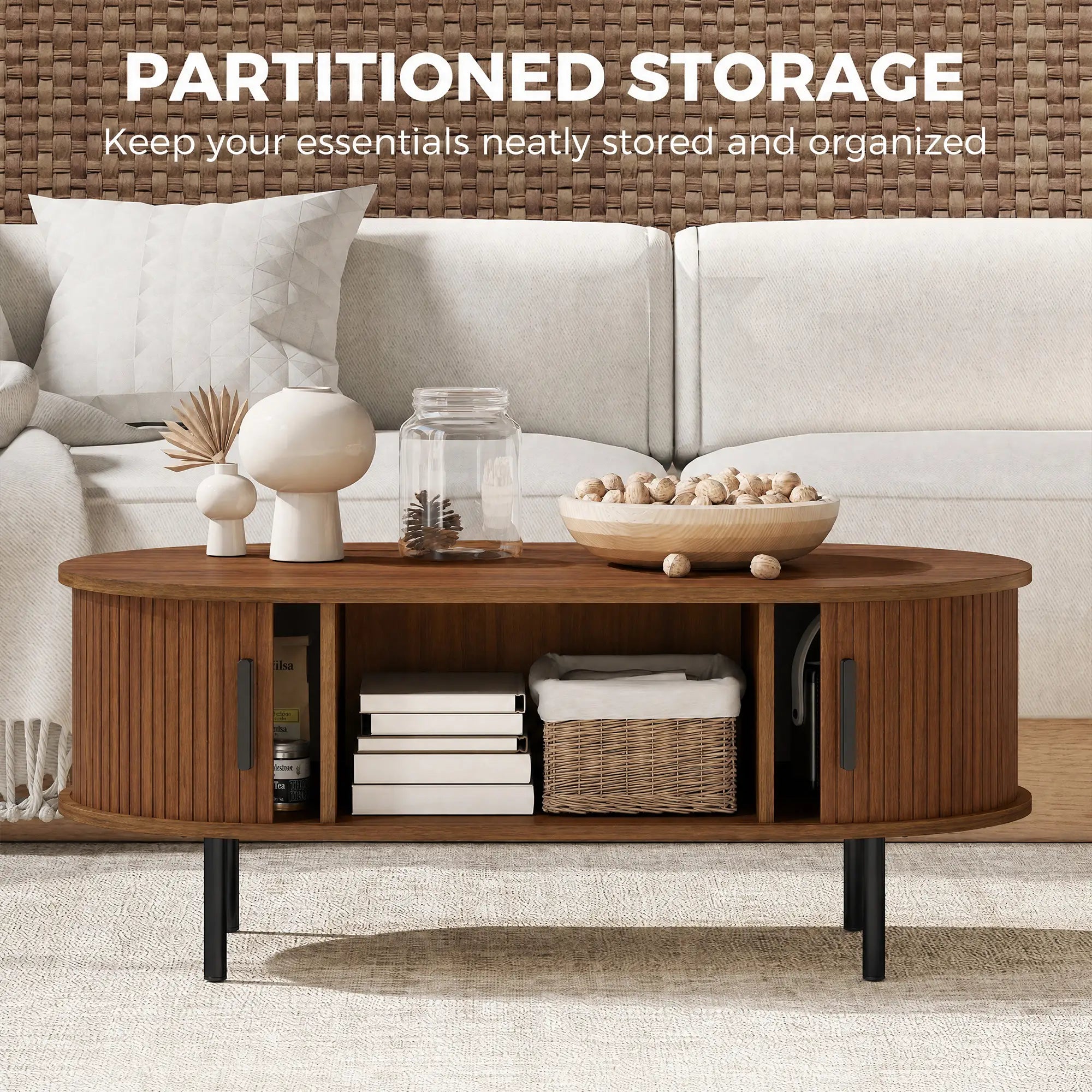 Coffee Table with Sliding Tambour Doors and Storage Center Table with Metal Legs, 39