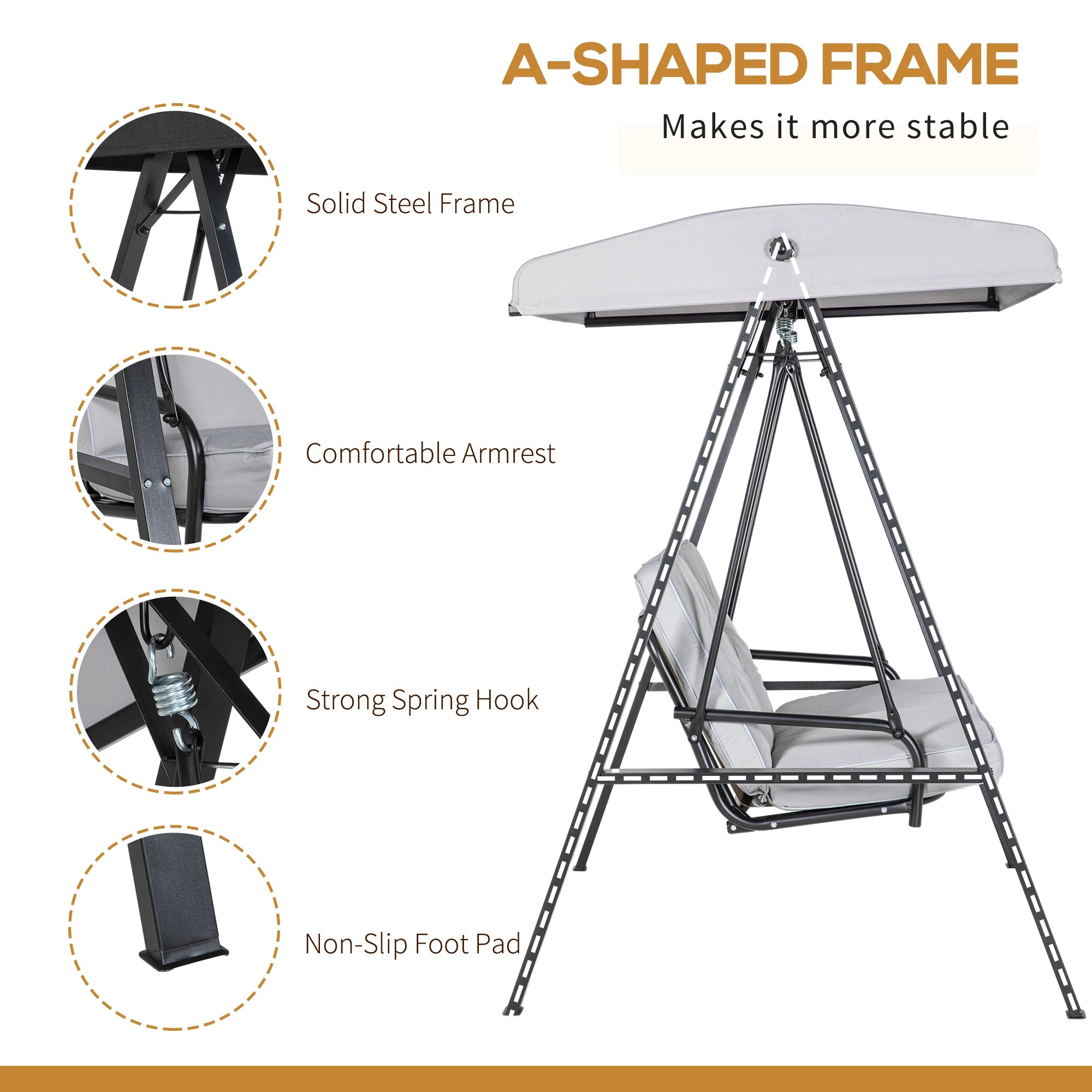 2-Seater Outdoor Porch Swing, Adjustable Canopy, Grey Patio Swings with Stand at Gallery Canada