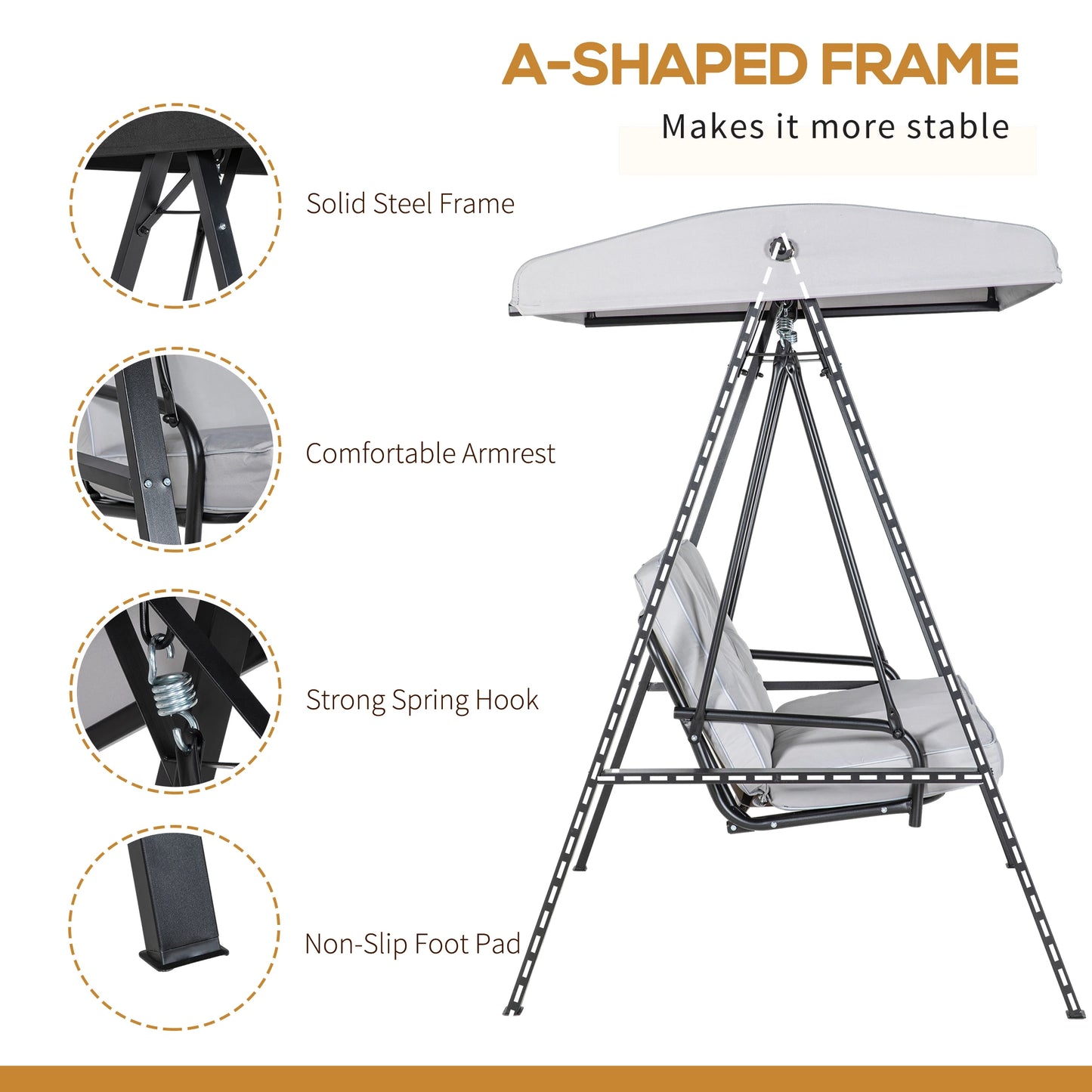 2-Seater Outdoor Porch Swing, Adjustable Canopy, Grey Patio Swings with Stand at Gallery Canada