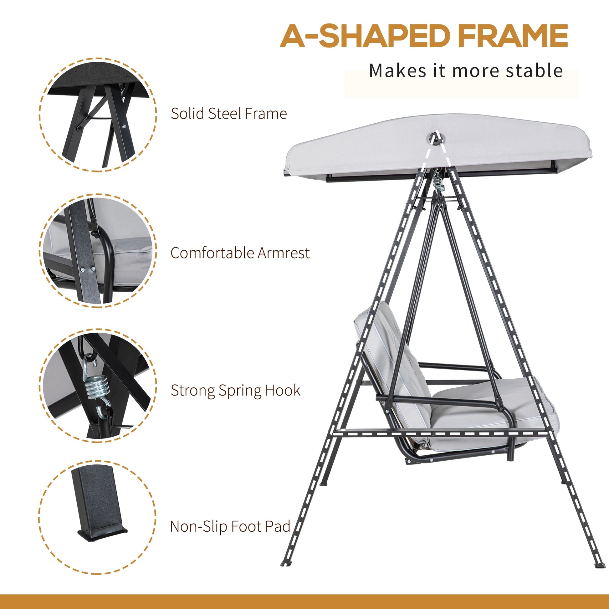 2-Seater Outdoor Porch Swing, Adjustable Canopy, Grey Patio Swings with Stand at Gallery Canada