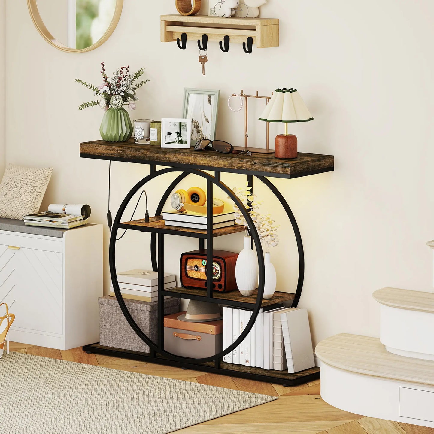 4-Tier Console Table With Charging Station, LED Lights, 39", Rustic Brown Console Tables at Gallery Canada
