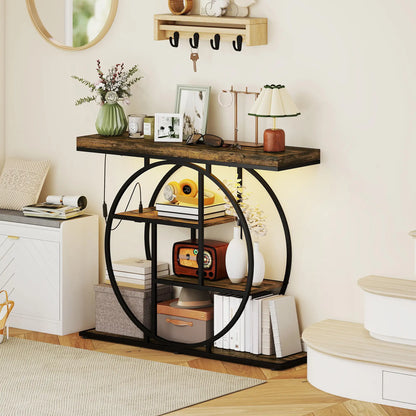 4-Tier Console Table With Charging Station, LED Lights, 39", Rustic Brown Console Tables at Gallery Canada