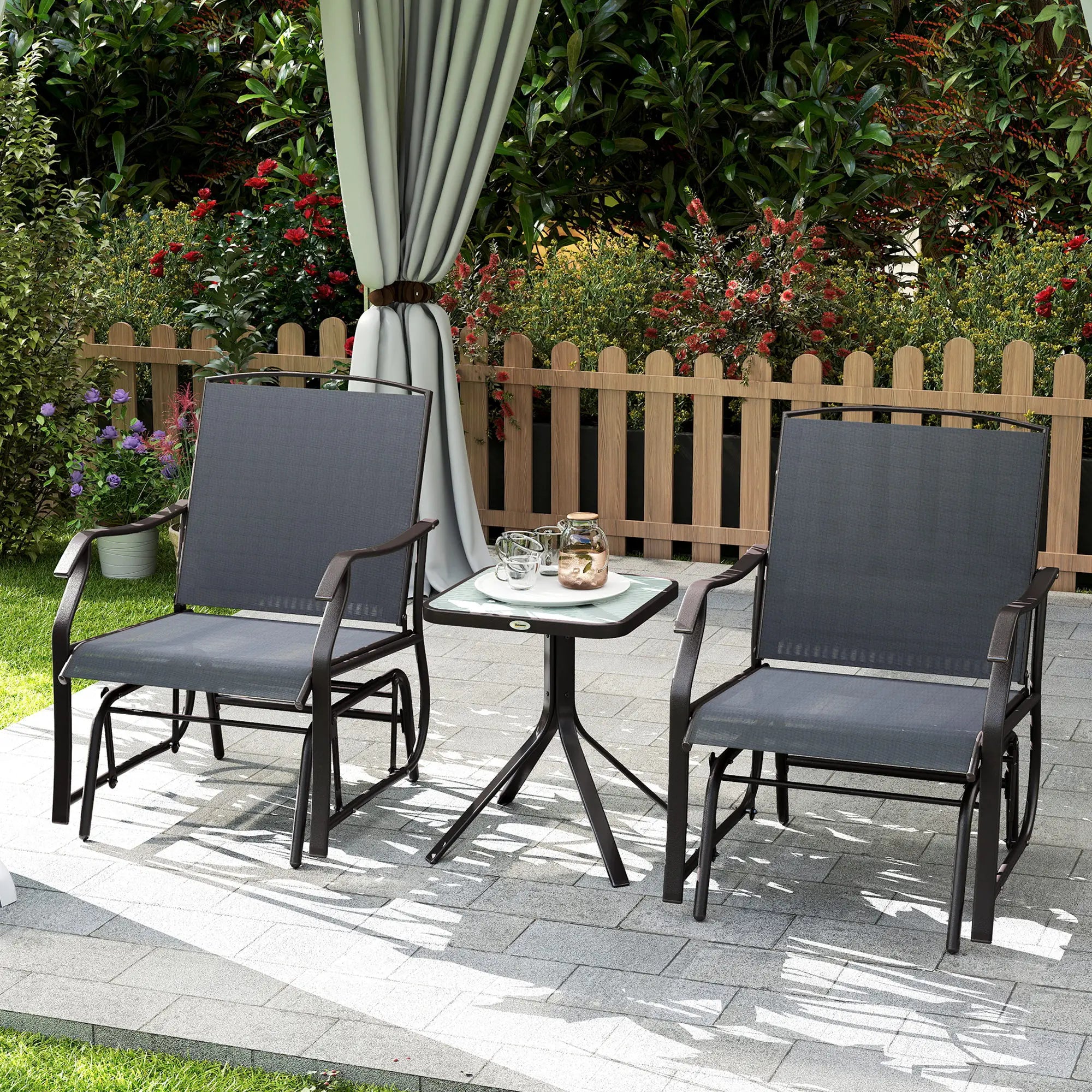 3 Piece Patio Glider Set, Breathable Mesh Seat, Glass Top Table, Grey Outdoor Gliders at Gallery Canada
