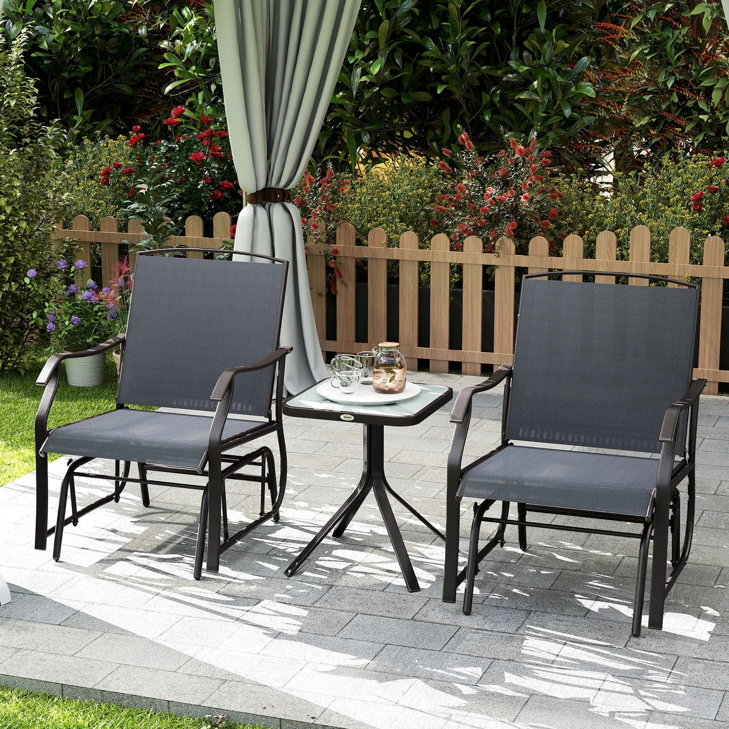 3 Piece Patio Glider Set, Breathable Mesh Seat, Glass Top Table, Grey Outdoor Gliders at Gallery Canada