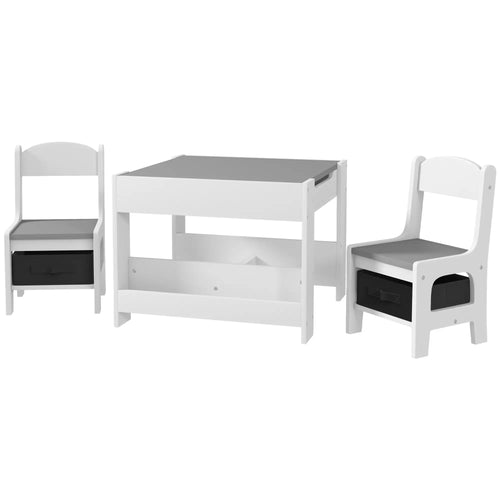 3 Piece Kids Table and Chair Set, Reversible Tabletop, Blackboard, Storage, Grey