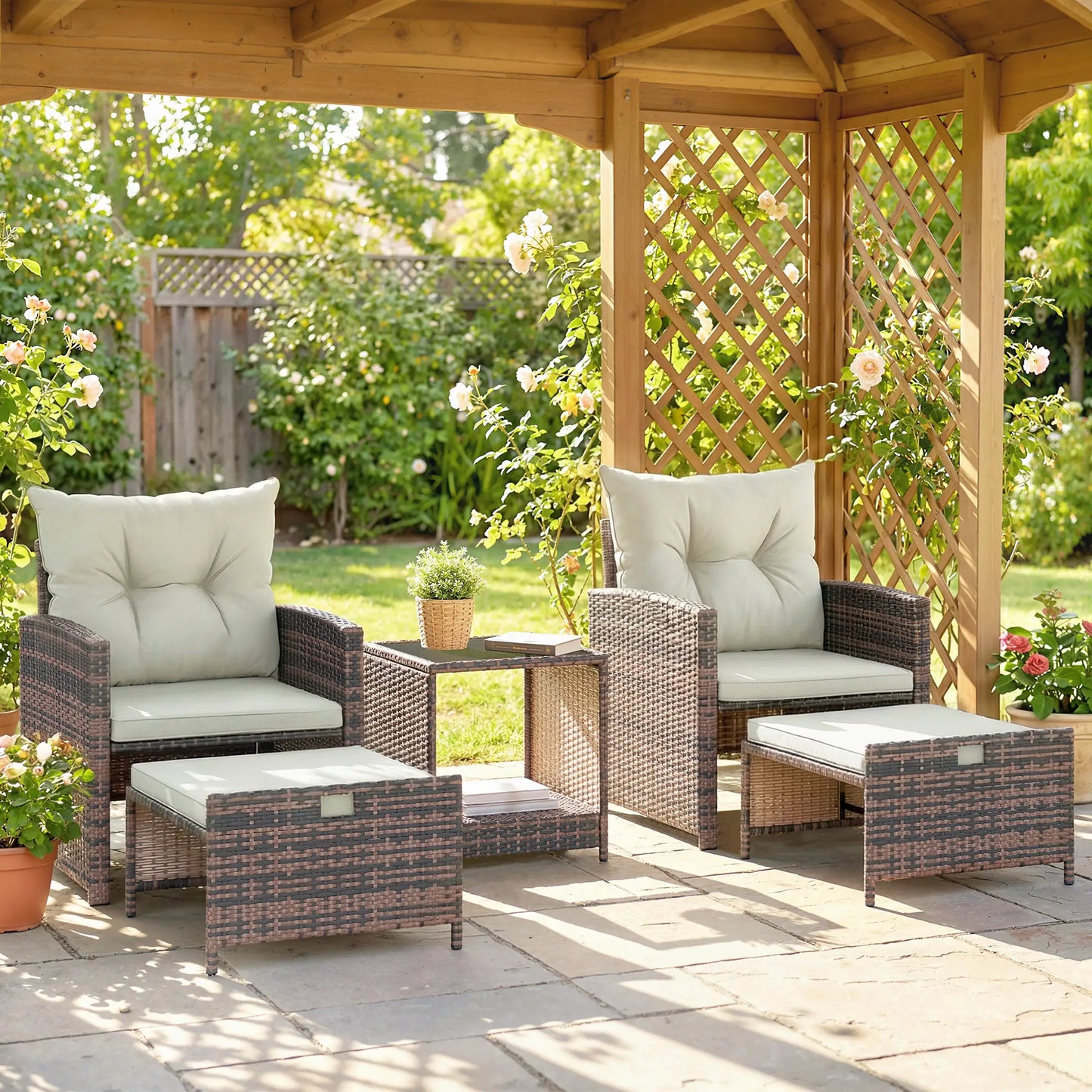 5 Piece Patio Set, Wicker Chairs With Ottomans, Glass Coffee Table, Brown Cream Patio Furniture Sets at Gallery Canada