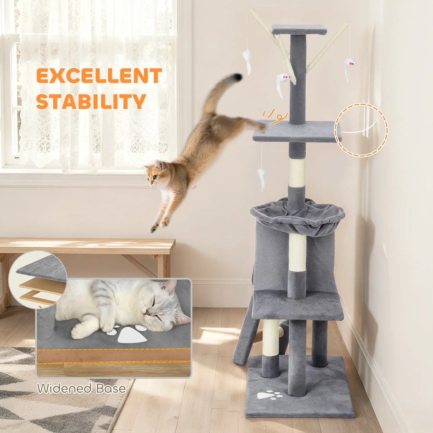 53" Cat Tree Tower, Scratching Posts, Condo, Hammock, Grey Cat Trees at Gallery Canada
