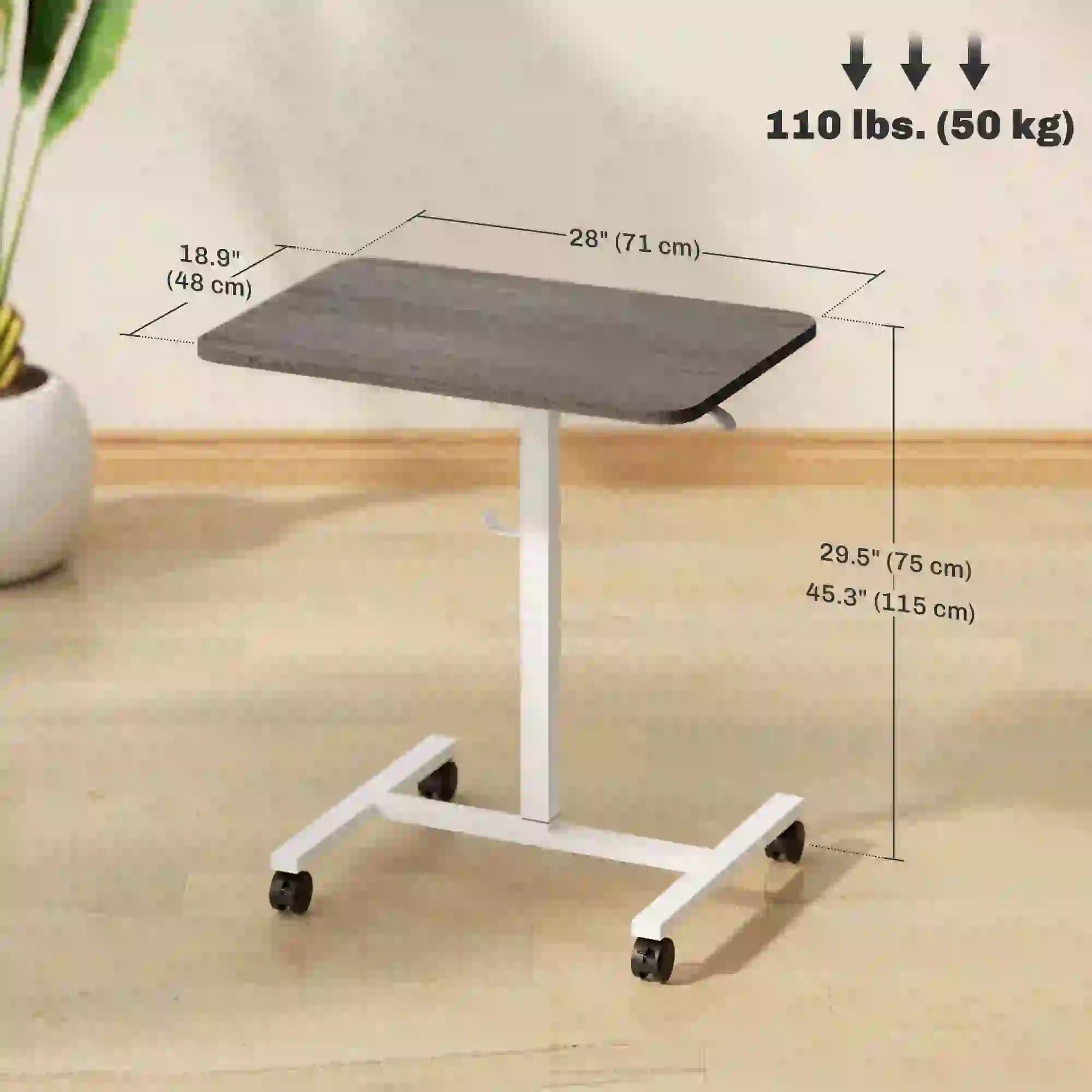 Height Adjustable Standing Desk, Pneumatic Sit Stand Desk with Wheels and Headphone Hook, Grey Office Desks & Work Stations at Gallery Canada