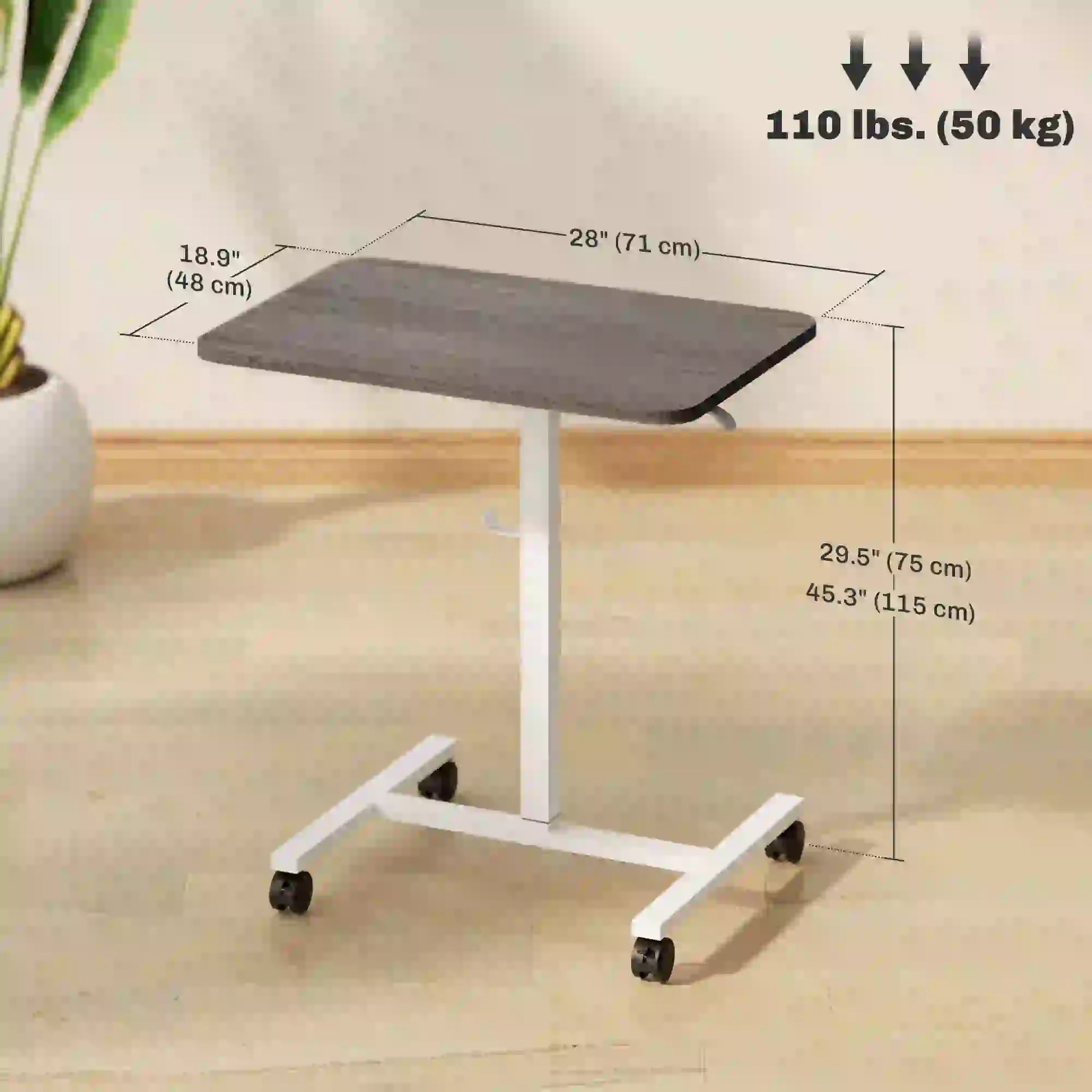 Height Adjustable Standing Desk, Pneumatic Sit Stand Desk with Wheels and Headphone Hook, Grey Office Desks & Work Stations at Gallery Canada