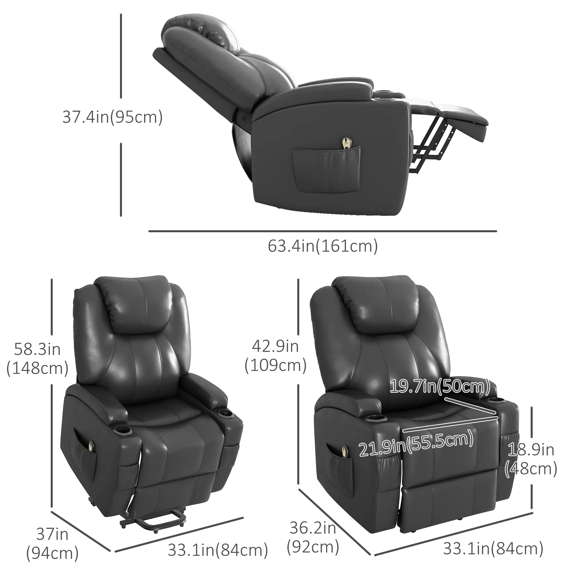 Power Recliner, Electric Lift Chair for Elderly with Footrest, Remote Control, Side Pockets and Cup Holders, Grey Electric Power Lift Chairs at Gallery Canada