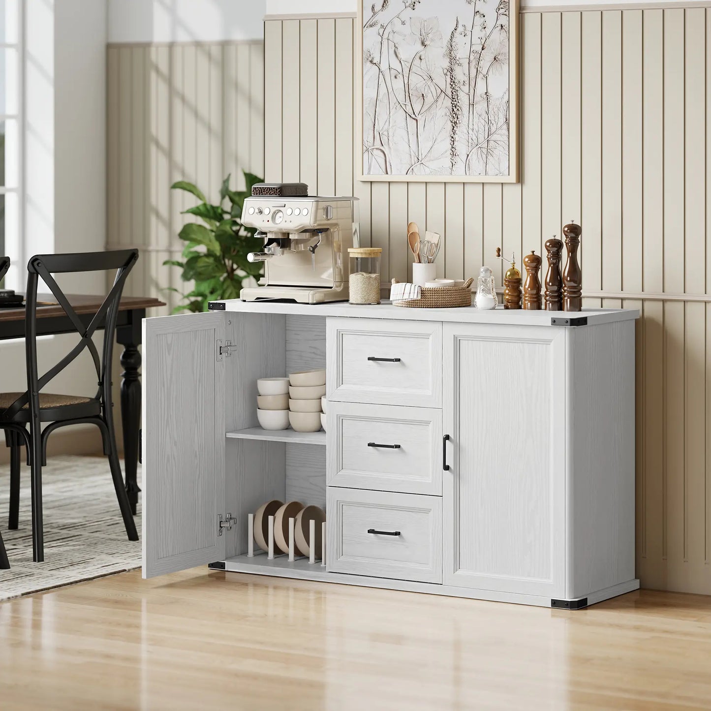 Sideboard With 3 Drawers, 2 Doors, 47" Buffet Cabinet, White Wood Grain, White Storage Cabinets at Gallery Canada