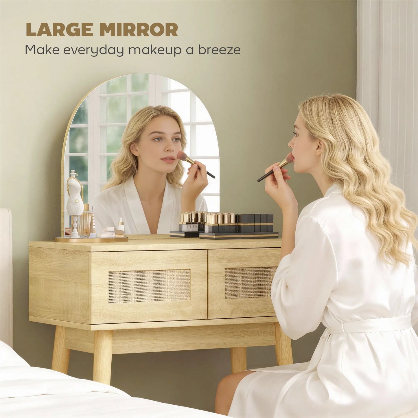 Vanity Desk With Mirror, 2 Drawers, Natural Wood Dressing & Vanity Tables at Gallery Canada