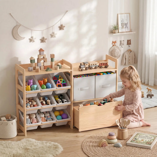Wooden Toy Storage Organizer, Rolling Chest, 2 Drawers, 2 Shelves, 9 Bins Baby & Kids Storage Multi Colour at Gallery Canada