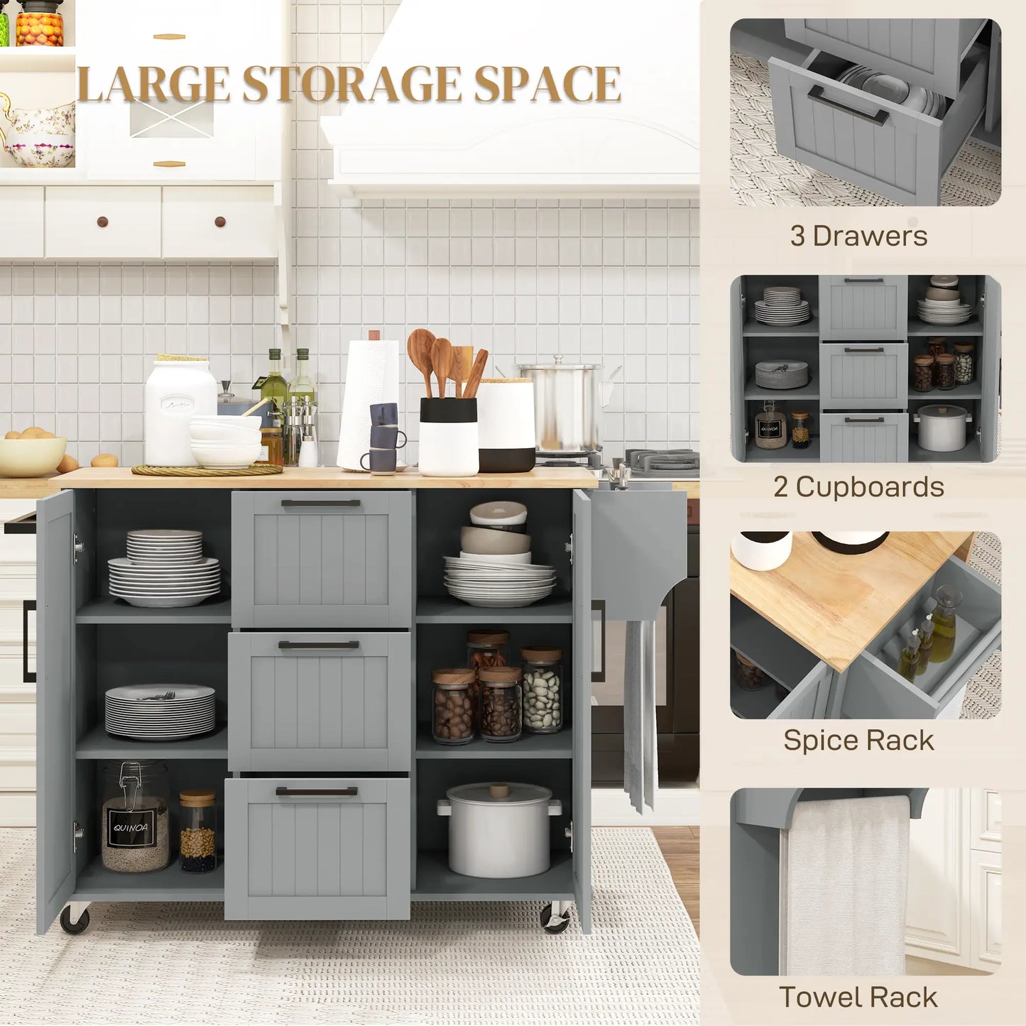 Rolling Kitchen Cart with Drop Leaf, 3 Drawers, Solid Wood Top, Towel Rack, Grey Kitchen Islands & Kitchen Carts at Gallery Canada