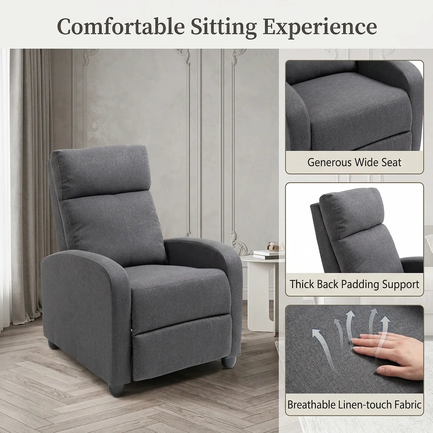 Manual Fabric Recliner Chair, Home Theater Seating, Dark Grey Single Sofas at Gallery Canada