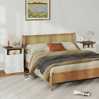 Nightstand with Charging Station 2 Drawers Bedside Table Set of 2 White and Oak