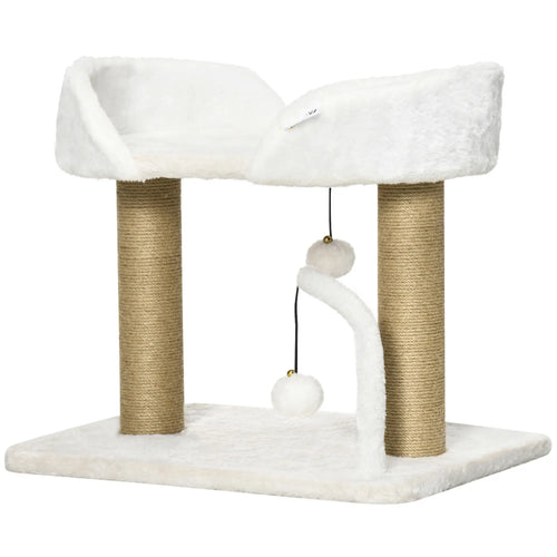 Small Cat Tower Condo, Jute Scratching Posts, Top Perch, Dangling Balls, White