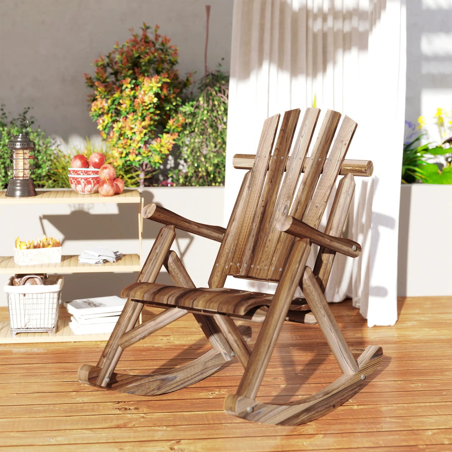 Wooden Outdoor Rocking Chair, Oversized Adirondack Patio Rocker, Carbonized