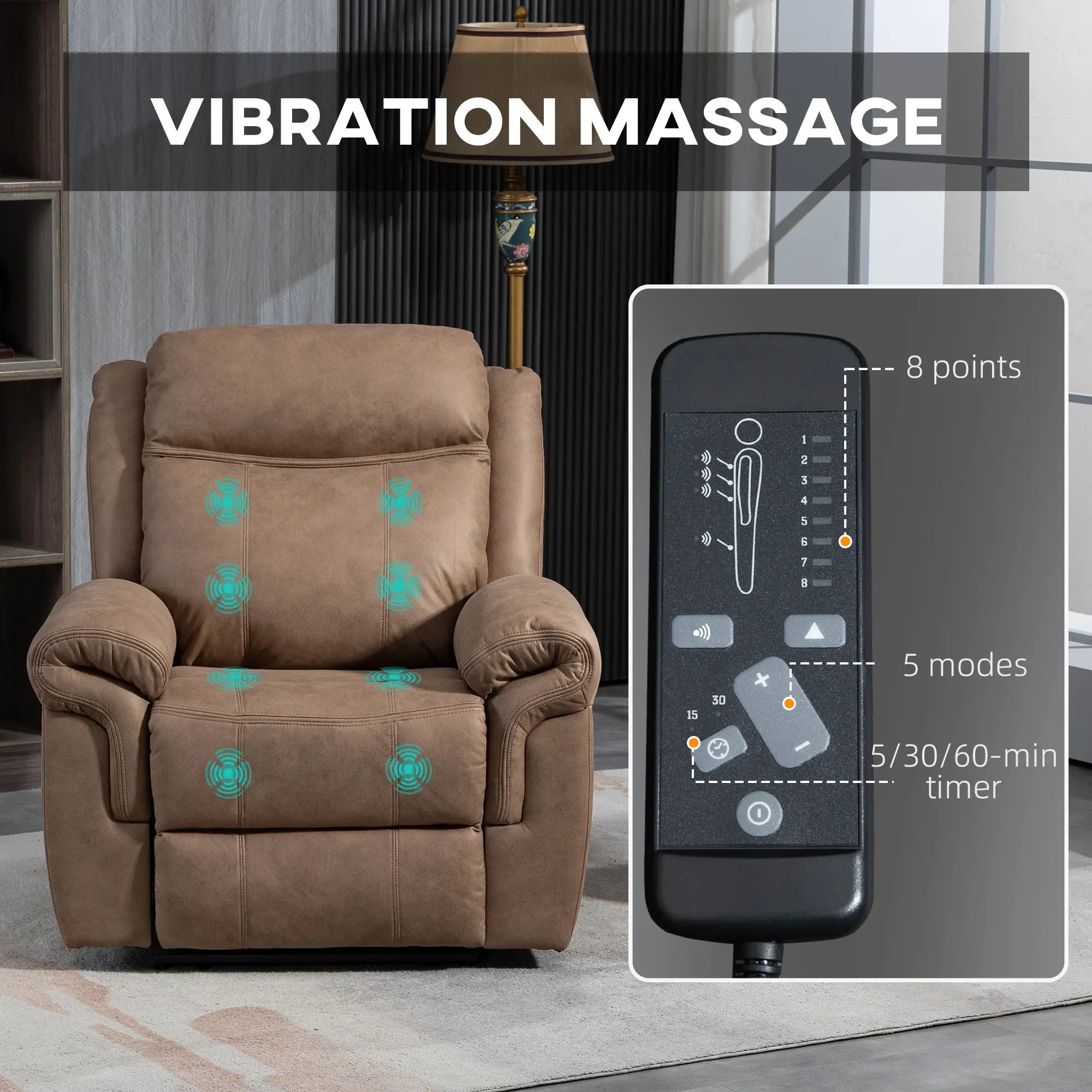 Manual Recliner Chair, Vibration Massage, Side Pockets, Microfibre, Brown Single Sofas at Gallery Canada