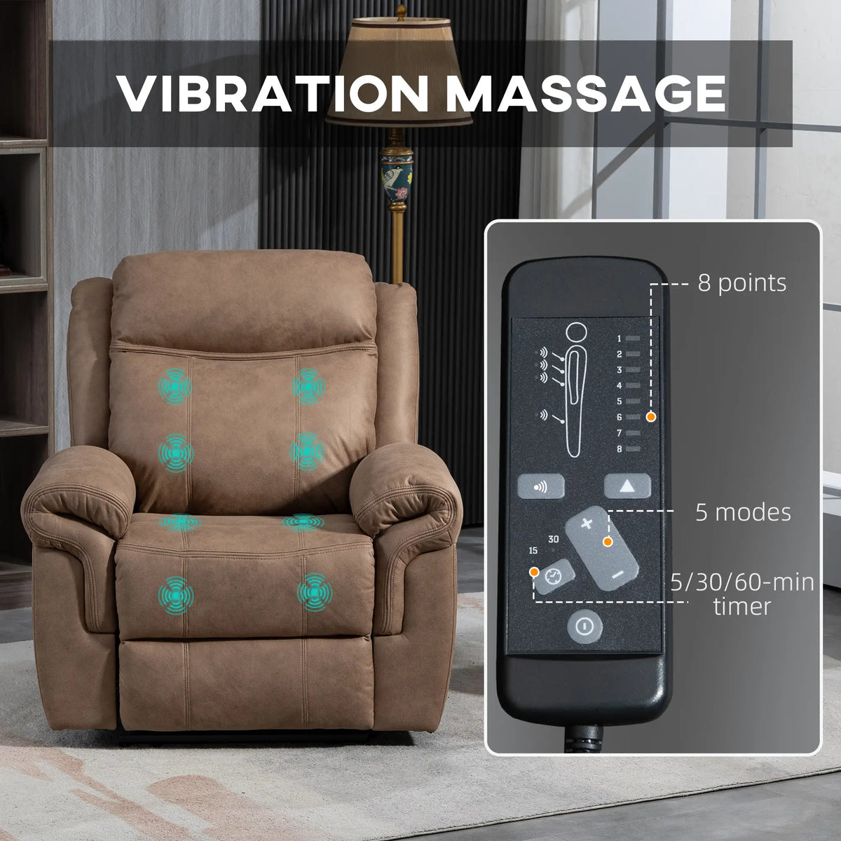 Manual Recliner Chair, Vibration Massage, Side Pockets, Microfibre, Brown Single Sofas at Gallery Canada