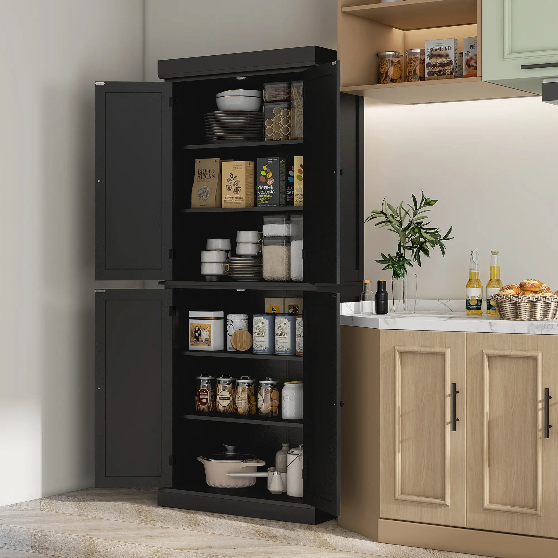 72.5" Freestanding Kitchen Pantry Cabinet with 4 Doors, Black Kitchen Pantry Cabinets at Gallery Canada