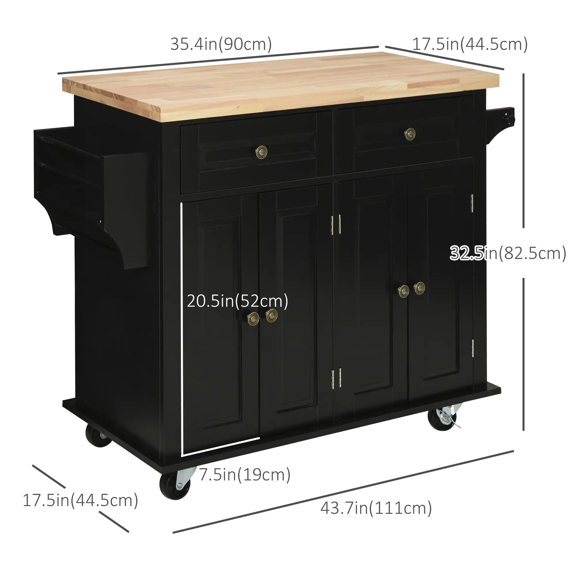 Kitchen Island with Storage, Rolling Trolley Cart with Rubber Wood Top, Spice Rack, Towel Rack, Black Kitchen Islands & Kitchen Carts at Gallery Canada