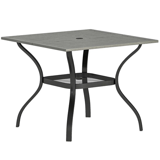 Square Patio Table With Umbrella Hole, Shelf, Slatted Faux Wood Steel Top, Grey Patio Dining Tables Grey, Black at Gallery Canada