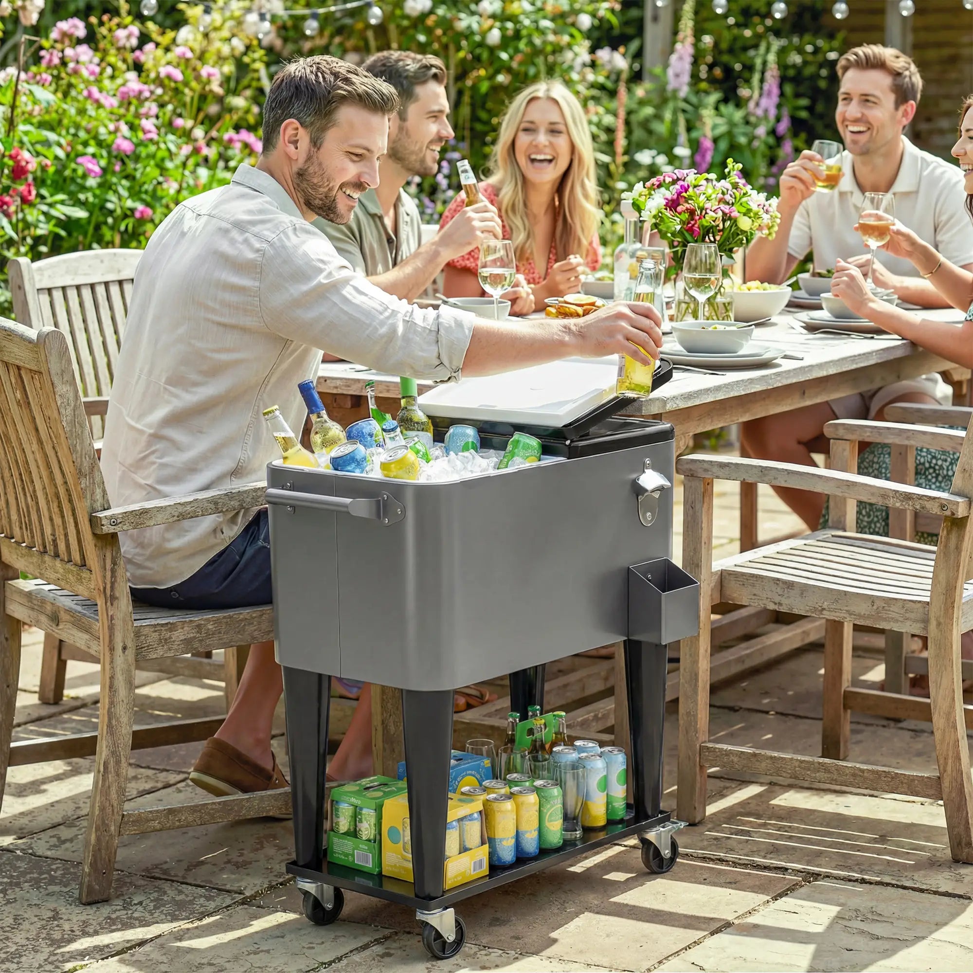 80 Quart Rolling Patio Cooler Cart With Storage Shelf, Locking Wheels, Bottle Opener Cooler Boxes at Gallery Canada