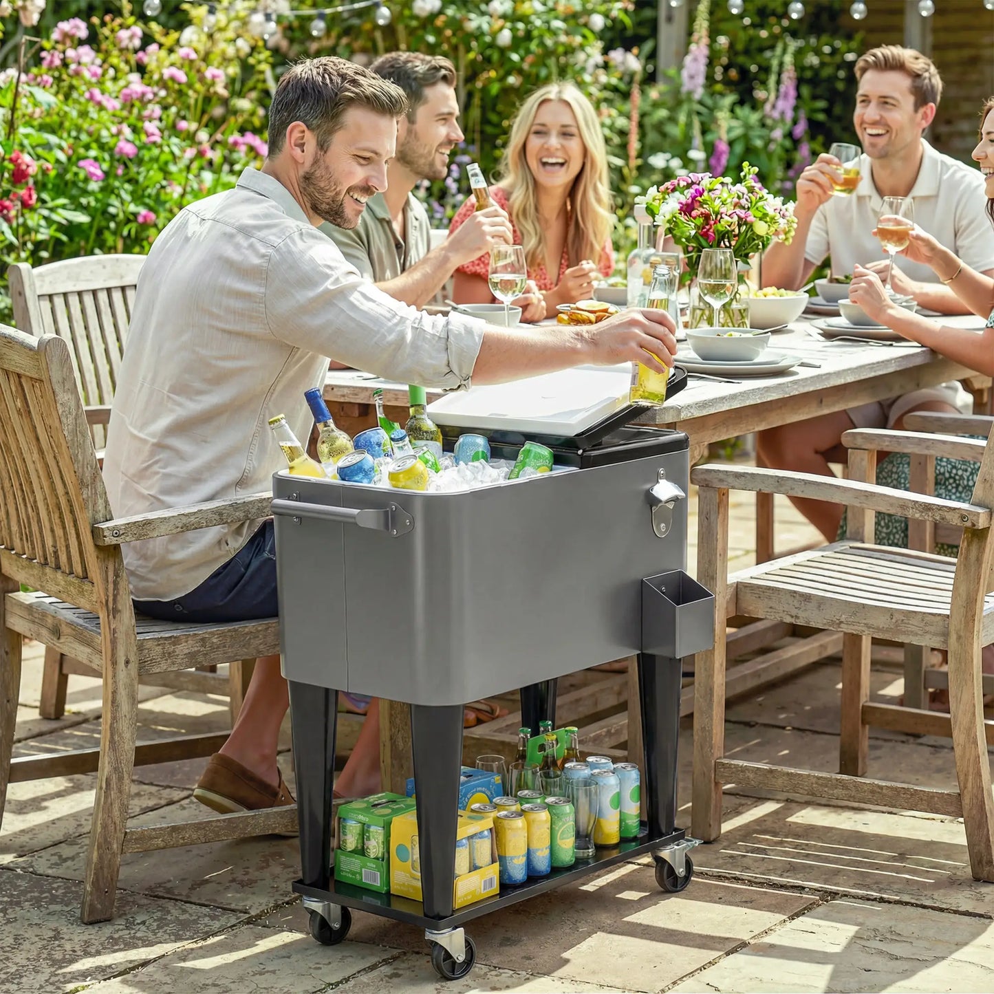 80 Quart Rolling Patio Cooler Cart With Storage Shelf, Locking Wheels, Bottle Opener Cooler Boxes at Gallery Canada