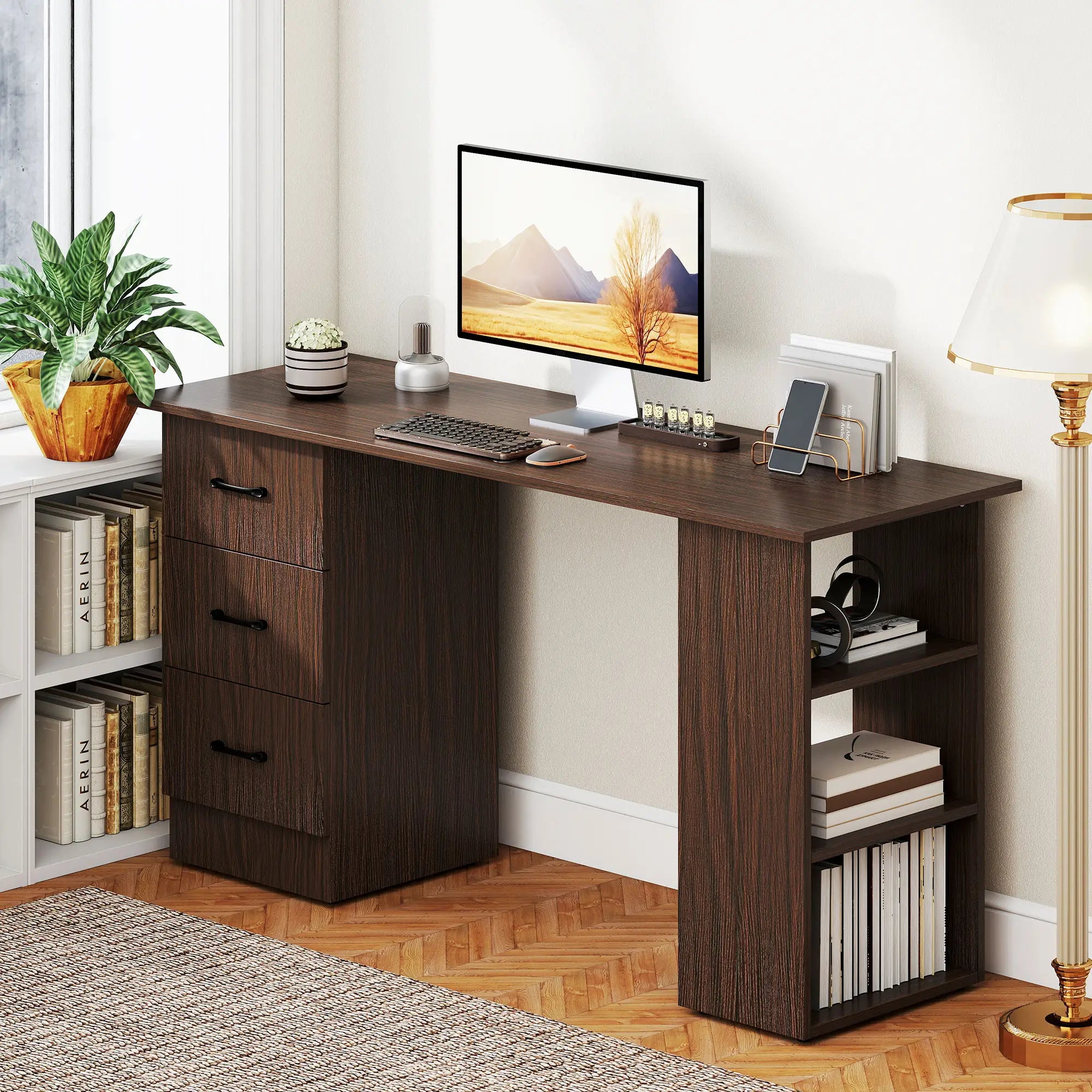 55 Inch Computer Desk, 3-Tier Shelves, 3 Reversible Drawers, Walnut Computer Desks at Gallery Canada