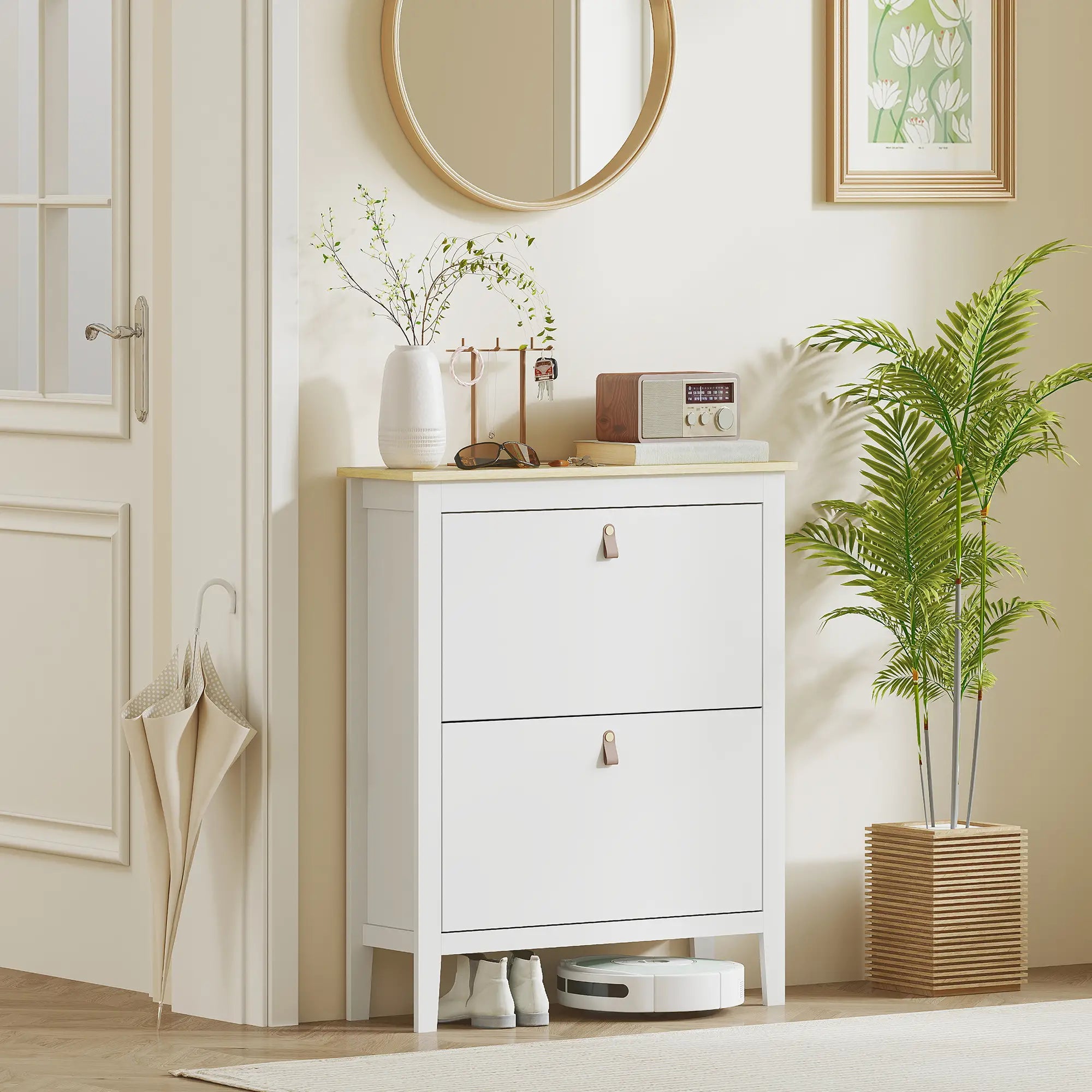Narrow Shoe Cabinet, 2 Flip Drawers, Adjustable Shelves, Holds 10-14 Pairs, White Shoe Storage Cabinets & Racks at Gallery Canada