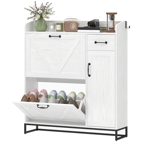 Farmhouse Shoe Storage Cabinet, Holds 12 Pairs, Adjustable Shelves, White