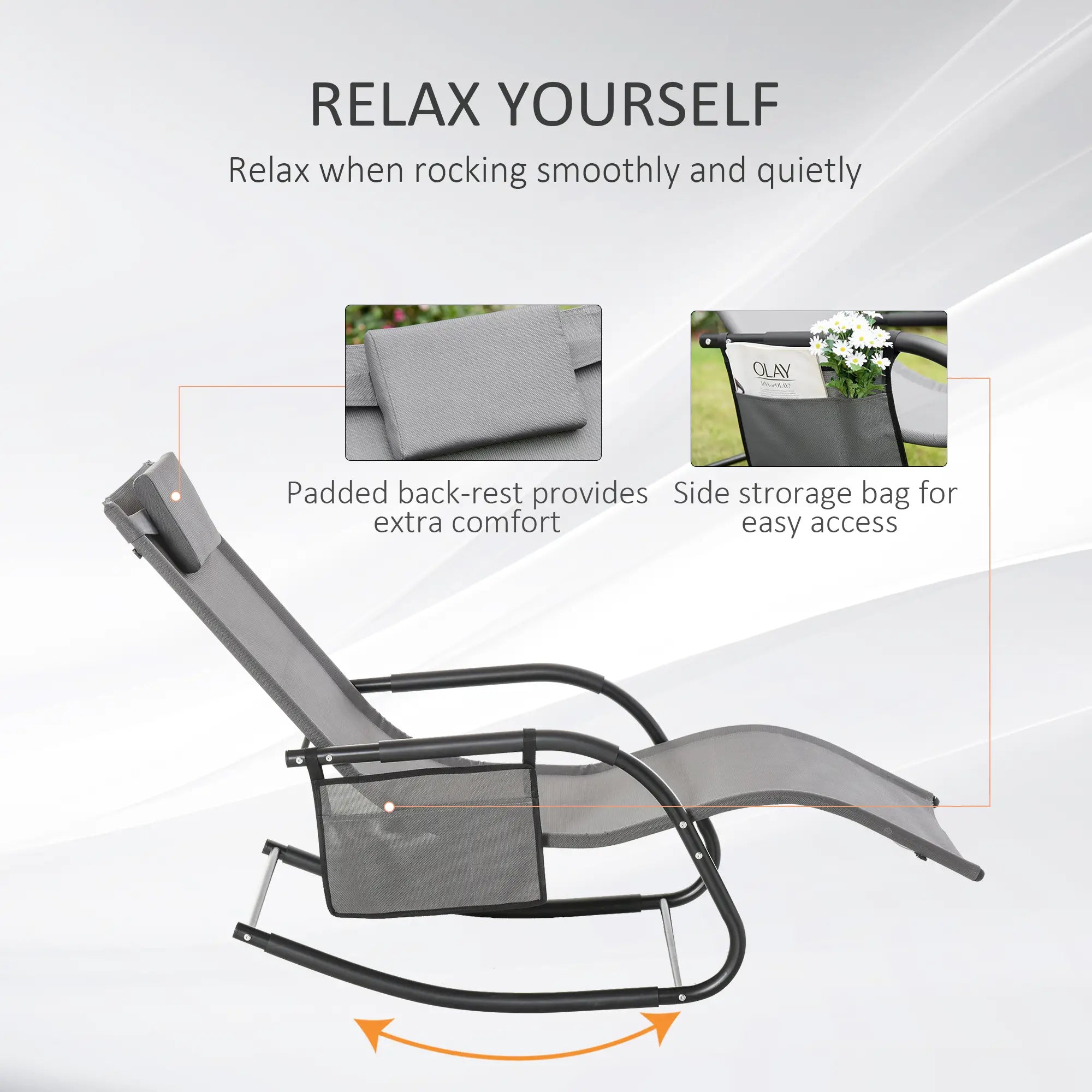 Outdoor Rocking Chair, Mesh Fabric, Removable Headrest, Side Pocket, Grey Outdoor Rocking Chairs at Gallery Canada