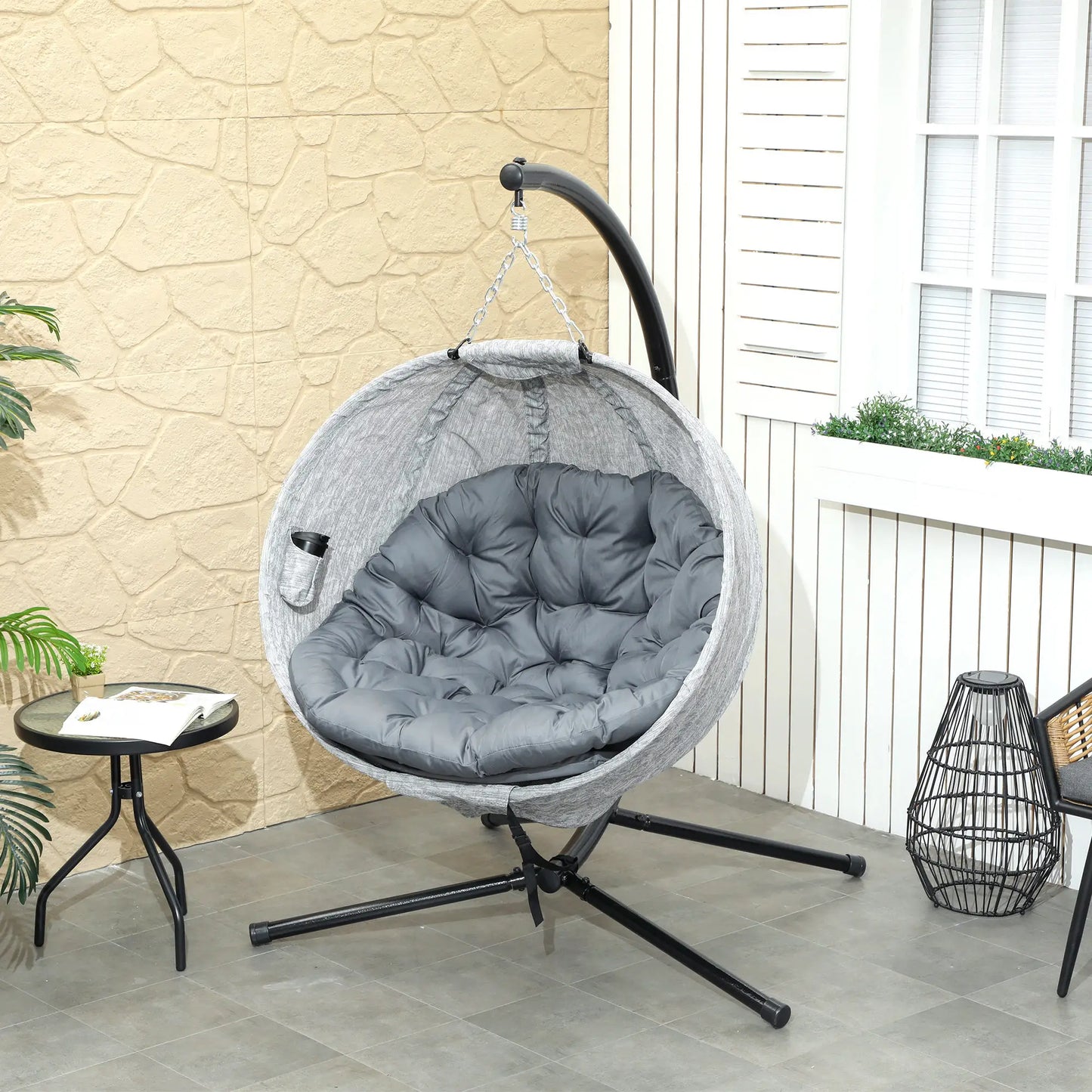 Egg Chair, Folding Basket, Hanging Swing with Stand, Cushions, Grey Patio Swings with Stand at Gallery Canada